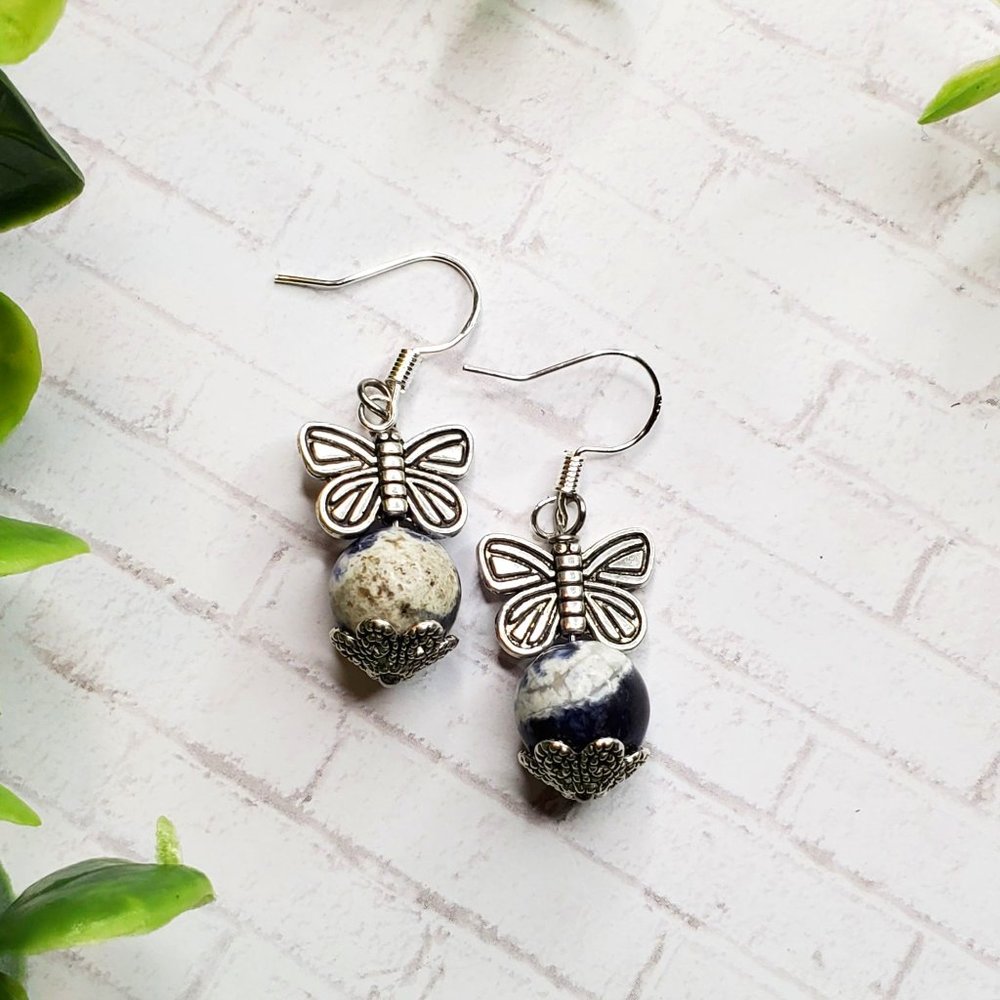 Butterfly Earrings Blue White Sodalite Stone Beads Dangles